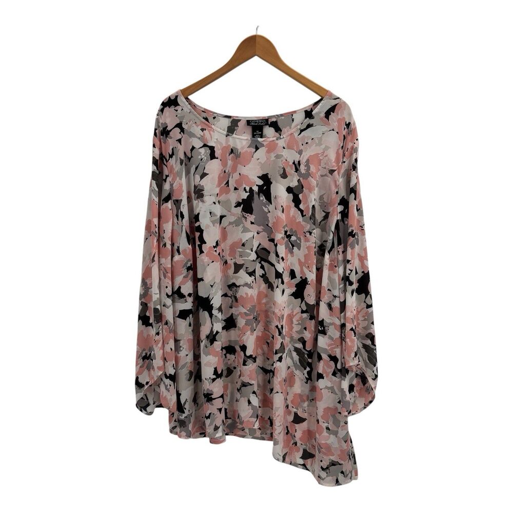 Catherines Black Label Womens 3X Semi Sheer Blouse Floral Asymmetrical Multicolo